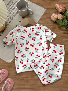 SHEIN Baby Girl Cherry Print Casual Basic Snug Fit Round Neck Short Sleeve Pants Pajama Set, Suitable For Summer - Multicolor - View 3