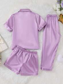 3 PiecesGirls' Purple Solid Color Satin Loose Sleepwear Set, Includes Short Sleeve Top, Shorts, And Pants, Comfortable And Casual For Spring/Summer - Mauve Purple - View 2