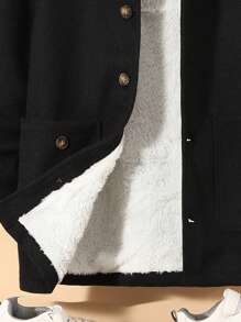 SHEIN Tween Boy Fuzzy Trim Hooded Thermal Lined Overcoat - Black - View 6