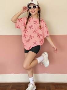 SHEIN Leap Crew Tween Girls Casual Minimalist Short Sleeve T-Shirt & Shorts 2 Pieces Set, Suitable For Summer - Multicolor - View 4