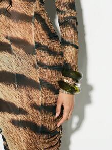 KIZN Abito lungo aderente con maniche lunghe e motivo a strisce di tigre in rete, collo alto, arricciato, per eventi serali, feste, occasioni speciali, stile elegante e vistoso