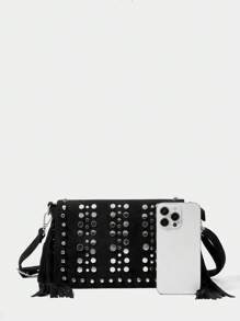 SHECARRY Fashion Rivet & Tassel Decorated Women Crossbody Bag - Black - View 6