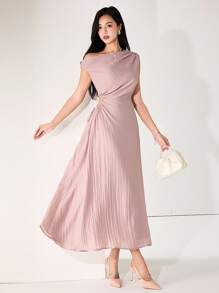 Heiryn Women's Elegant Commuter Lotus Pink Ruffle Asymmetric Neck Sleeveless Dress Summer Outfits For Women   Wedding Guest Dress Women  Off The Shoulder  Pink Dress - Dusty Pink - View 1