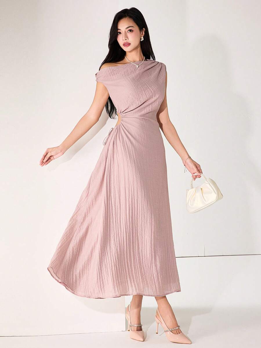 Heiryn Women's Elegant Commuter Lotus Pink Ruffle Asymmetric Neck Sleeveless Dress Summer Outfits For Women   Wedding Guest Dress Women  Off The Shoulder  Pink Dress - Dusty Pink - View 1