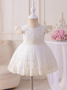 Glamorique Kids Vestito da festa in tulle ricamato e raso per bambina, abito da battesimo, abito da compleanno, abito da damigella, per feste e banchetti