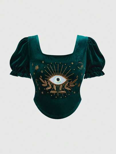 Hippie Ladies Moon & Star Embroidered Rhinestone & Teardrop Crystal T-Shirt With Green Puffy Sleeves