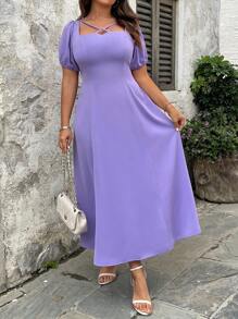 SHEIN Clasi Plus Size Elegant Solid Color Puff Sleeve Dress, Summer