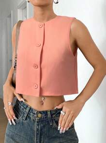 SHEIN EZwear Women's Simple Solid Color Front Button Round Neck Vest, Summer