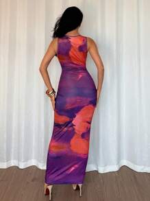 Chiquease Vestido largo ajustado con estampado de teñido anudado para mujer, verde, vestimenta de mujer de verano - Morado - Ver 2