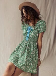 SHEIN LUNE Vestido mini con volantes y estampado floral verde de estilo western americano para vacaciones en el campo, vestido de mujer para Pascua, vestidos primaverales para mujeres, vestidos cortos para concierto country, ropa de verano, atuendos de maestra, vestido de fiesta de té, ropa bohemia para mujer - Verde - Ver 5