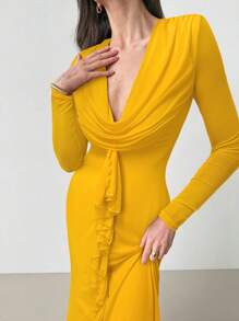 Aloruh 女式深 V 领垂坠荷叶边下摆网眼美人鱼长裙、性感派对和圣诞礼服 - 黃色 - 查看 5