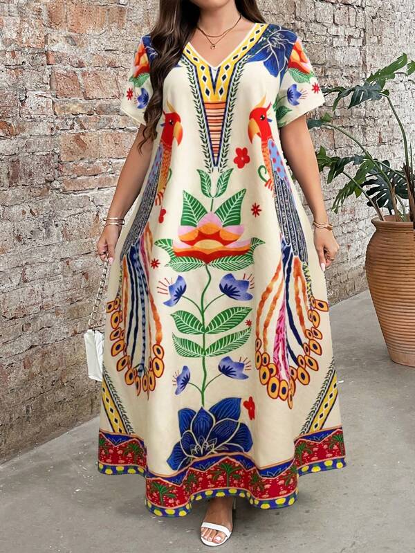 Breezaya Vestido de manga corta con cuello redondo y estampado floral para mujer talla grande, ropa casual elegante para usar a diario