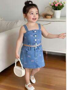 Conjunto de top de tirantes con bordado de lazo y falda vaquera de cintura elástica para niña
