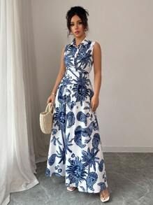 Chiquease 2pcs/Set Women Sleeveless Stand Collar Asymmetrical Tie-Up Waist Printed Shirt And High Waist Skirt - Blue - View 5