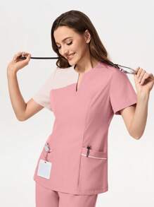 TaskEZ Conjunto de uniforme de pijama médico con parte superior de manga corta con parches de color contrastante y pantalones largos - Rosa - Ver 8