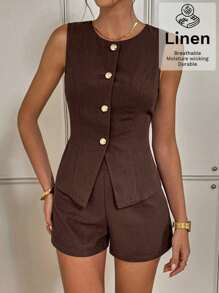 Siren Gaze Women's Brown Linen Two Pieces Set: Sleeveless Round Neck Top And Regular Length Shorts, Perfect For Casual Summer Style In Fall/Winter