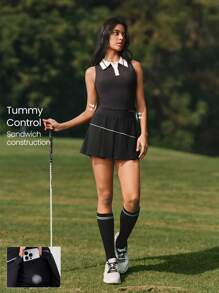 GLOWMODE 凉爽感觉收腹不对称裙子，内置短裤侧袋，防滑握把，网球高尔夫健身房日常休闲 - 黑色 - 查看 1