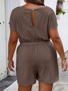SHEIN LUNE Bộ đồ liền thân cổ tròn tay ngắn màu trơn cỡ lớn, phù hợp cho mùa hè - Màu nâu  Mocha - Xem 2