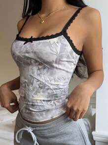 SHEIN EZwear 女士树枝印花蕾丝边吊带背心 - 黑色 - 查看 5