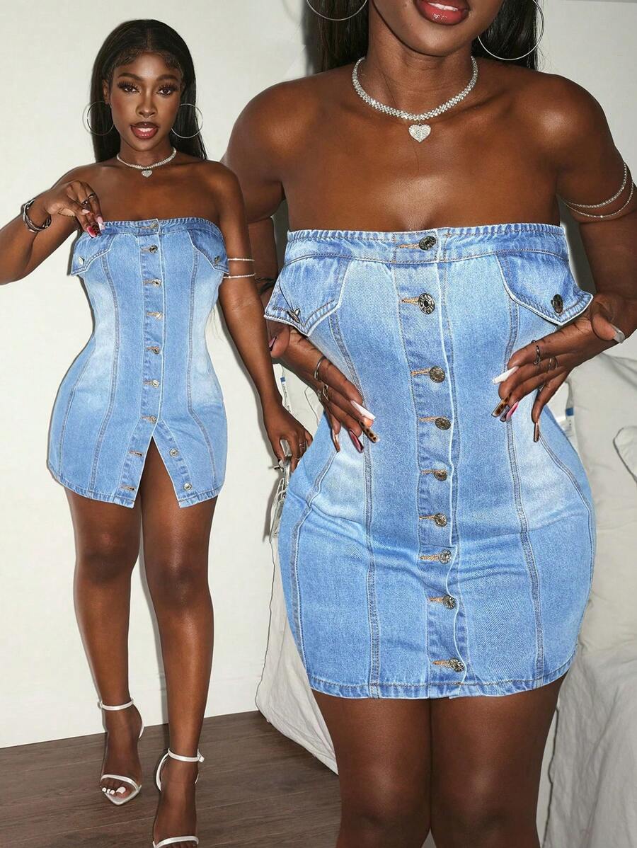 Slaydiva Vestito casual in denim a bandeau sexy da donna - Blu - Visualizzare 1