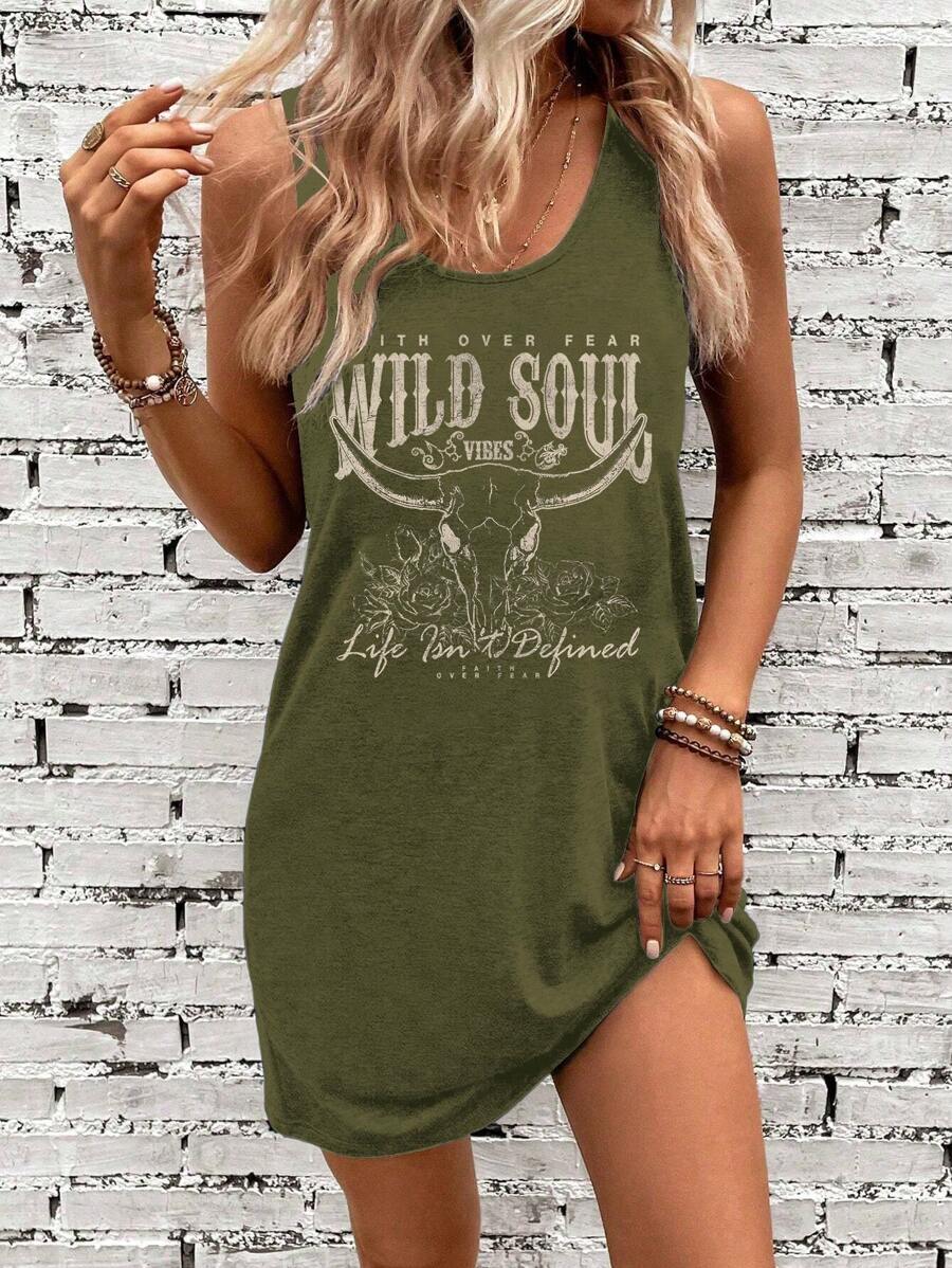 SHEIN LUNE Đầm casual không tay in chữ hình đầu bò WILD Western, thích hợp cho mùa hè, đi chơi, phong cách thanh lịch, thường ngày. - xanh quân đội - Xem 1