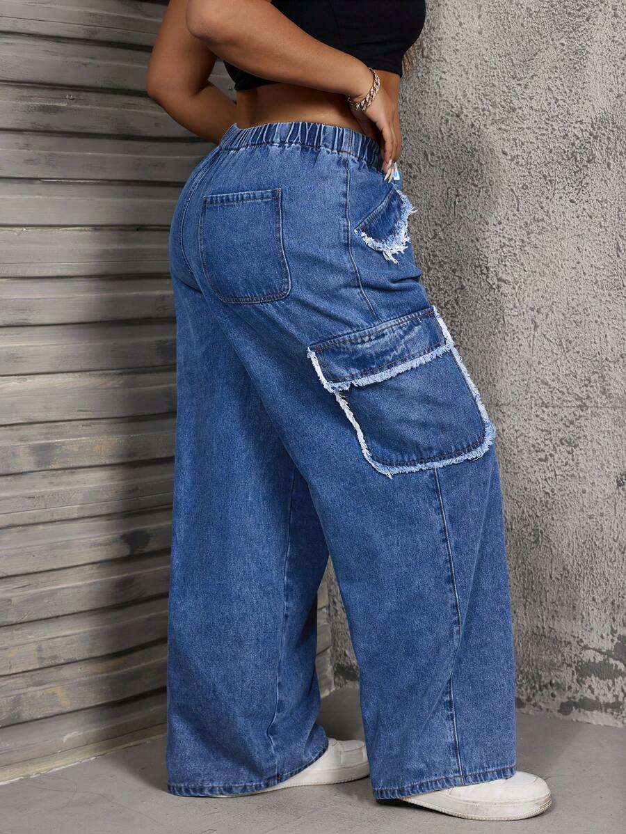 SHEIN SXY Plus Size Women Distressed Pocket Decoration Straight Leg Baggy Jeans Summer For Women Festival