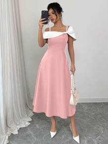 Elenzga Women's Asymmetrical Neckline Color Block Midi Dress