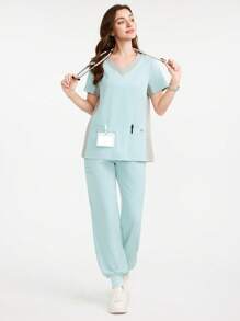 TaskEZ V Neck Colorblock Short Sleeve Top & Pants Healthcare/ Scrub Uniform Set,Women's Fashion Casual Sports Scrub Tops, Business Women Clothing, Women's Summer Tops Multi-Occasion Wear Versatility, Women's Summer Beach Shirts - Green - View 1