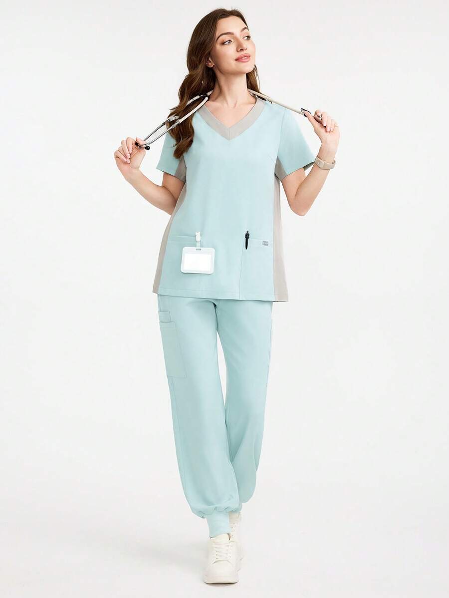 TaskEZ V Neck Colorblock Short Sleeve Top & Pants Healthcare/ Scrub Uniform Set,Women's Fashion Casual Sports Scrub Tops, Business Women Clothing, Women's Summer Tops Multi-Occasion Wear Versatility, Women's Summer Beach Shirts - Green - View 1