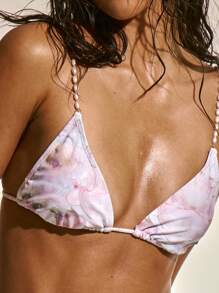 Musera Resort Top de bikini con estampado abstracto, detalles con tirante de perlas y corte triangular para playa, vacaciones, verano, festivales, estilo elegante y Y2K