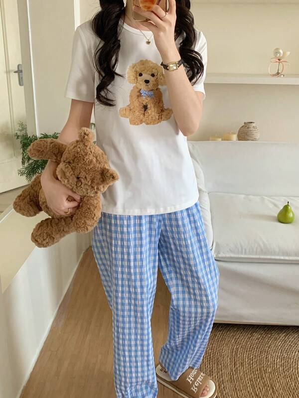 Genkimix Kids 2pcs/Set Teen Girls Casual Bear Print Crinkle Plaid Short Sleeve Top And Long Pants Homewear Set