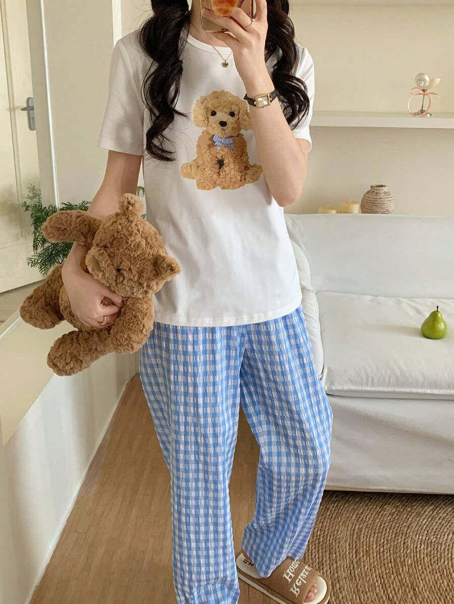 SHEIN 2件套青少年女孩休闲熊印花褶皱格子短袖上衣和长裤家居服套装 - 彩色 - 查看 1