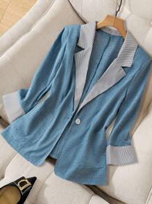 Flirla Plus Size Women Elegant Waist Cinching Black And White Stripe Collar Office Commute Simple Stylish Blazer - Multicolor - View 1