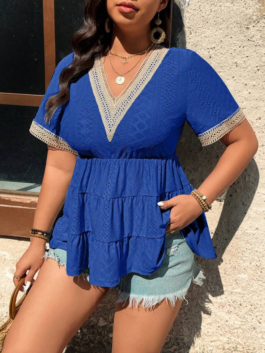 SHEIN Clasi Plus Size V-Neck Lace Patchwork Casual Short Sleeve Shirt - Navy Blue - View 1