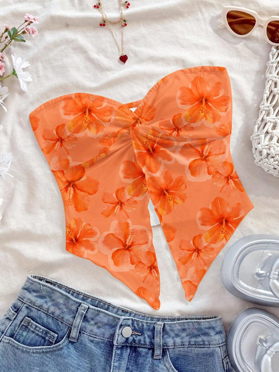 Soleia Island Girl Orange Print Coconut Girl Women Spring Casual Floral Print Vacation Blouse,Tube Top