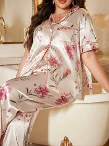 SHEIN Floral Print Faux Silk Open Front Short Sleeve Plus Size Loungewear Set - Multicolor - View 1