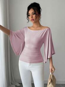 Elenzga Kaos Wanita Rajut Elastisitas Tinggi Lengan Lebar Leher Bulat Warna Polos Elegan - Purple - View 6