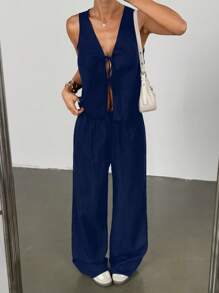 Flirla 2件套女士纯色系带前无袖衬衫和裤子套装 - 藏蓝色 - 查看 7