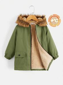 SHEIN 男小童毛絨內襯毛茸邊連帽外套