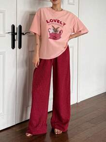 Livesso 女士舒适兔子印花短袖上衣和裤子睡衣套装，夏季