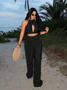 SHEIN SXY Plus Size Women's Cross-Front Halter Backless Top And Wide-Leg Palazzo Pants 2 Pieces Set, In Apricot Color. Suitable For Everyday Wear, Beach Vacation, Date Night, Birthday, Bachelorette Party Outfit. Cute, Casual, Shopping, Streetwear, Going Out, Coquette. Easy To Match And Looks Slim, Accents Your Body And Flatters The Figure. - Black - View 1