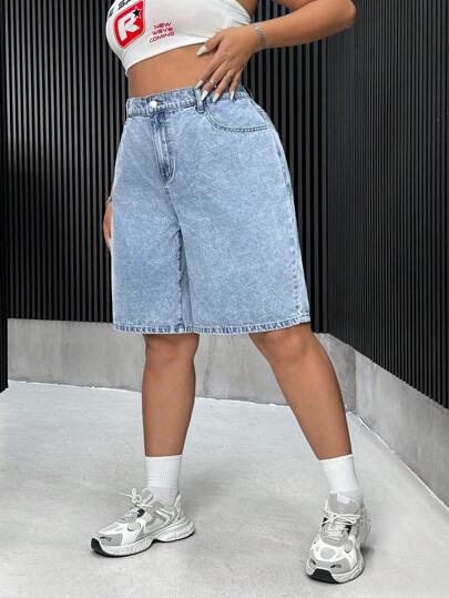 SHEIN ICON Plus Size Casual Washed Loose Denim Shorts Y2k Drake