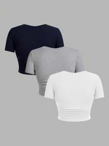 SHEIN EZwear 3pcs Basic Casual Solid Shirt Set For Ladies, Summer - Multicolor - View 2