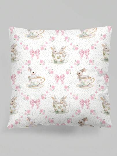 ROMWE Kawaii 1 件兔子印花咖啡杯枕套（不含枕芯），天鹅绒印花方形装饰枕套，适用于客厅、卧室、家居装饰、沙发垫、汽车枕，四季皆宜，1147103