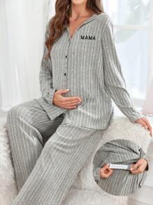 SHEIN Set pigiama da donna premaman con 2 pezzi, cardigan a costine monocromatico e pigiama con ricamo a lettere