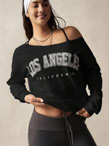 VARSITIE Top de antrenament cu mânecă lungă, lejer, cu guler înclinat, tricou imprimat cu mânecă lungă