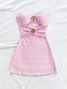 Soleia 度假无袖镂空拼接金属扣纹理面料紧身迷你连衣裙，适合音乐节、波西米亚风、度假、约会、下午茶 - 粉色 - 查看 6