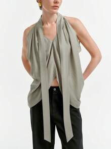 Aalyst Camisa larga con pliegues asimétricos, sin mangas y con atar en la nuca para mujer, para primavera/verano
