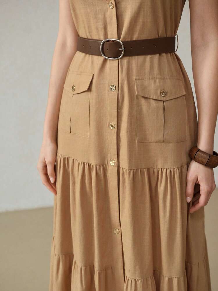 BUTTON FRONT BELTED RUFFLE HEM DRESS