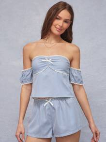 WESTFADE Summer Stripe Print Cute Bow Front Off Shoulder Short Puff Sleeve Top Spring Beach Vacation - Multicolor - View 1